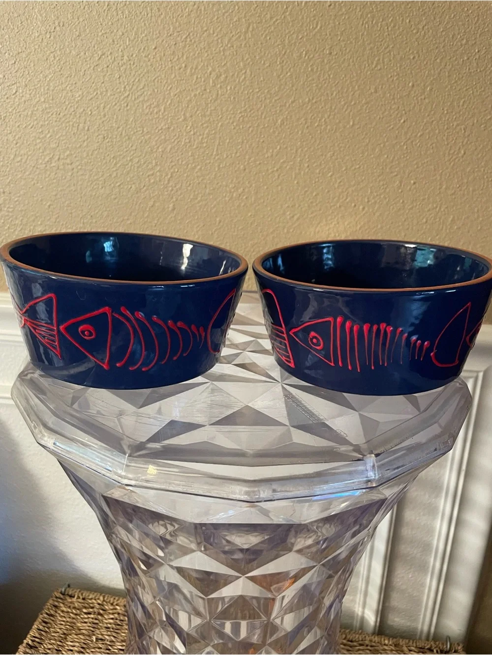 Crate & Barrel Shore Dark Navy Red Fish Bowls lot of 2